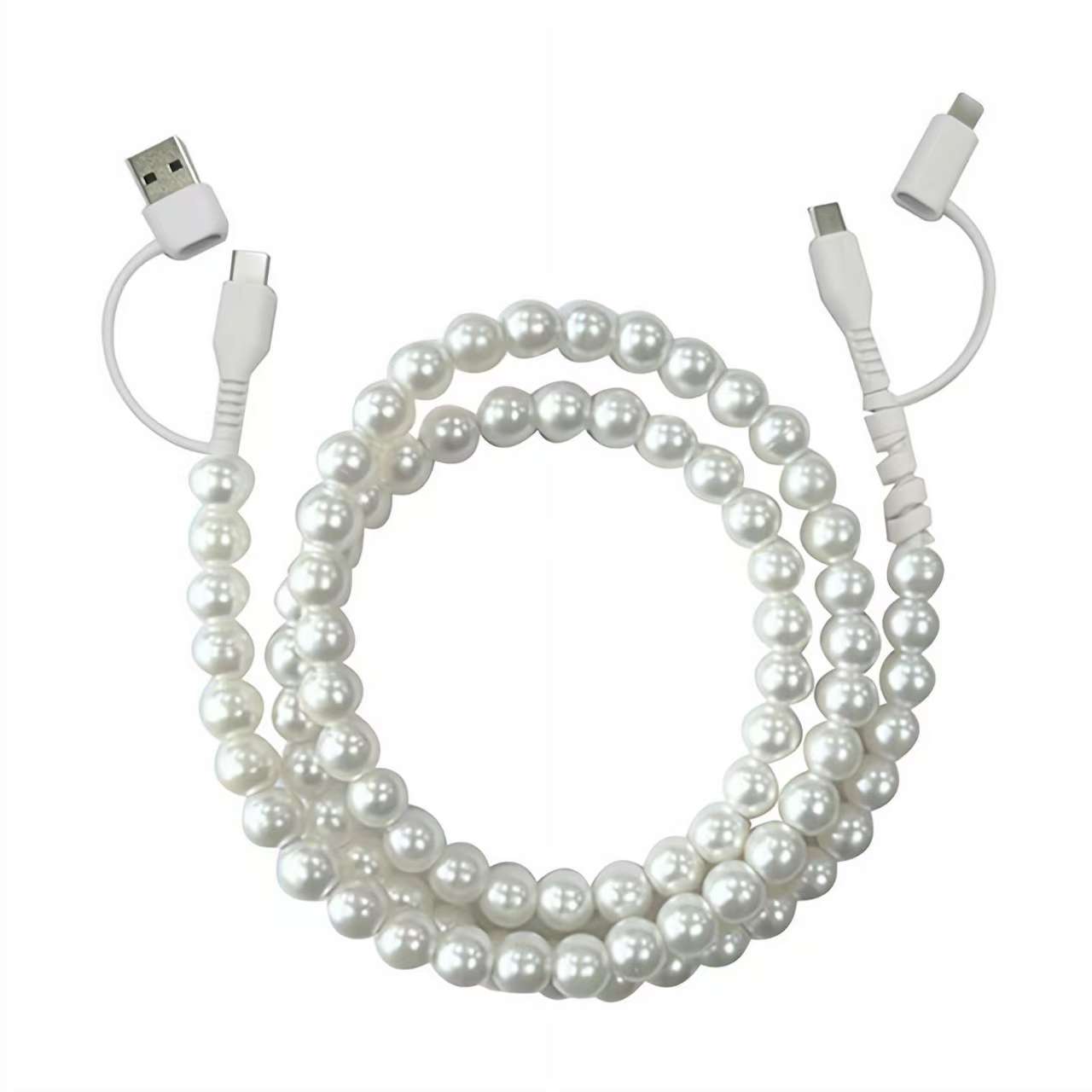 Pearl-beaded data cable, 4-in-1 design, compatible with multiple devices