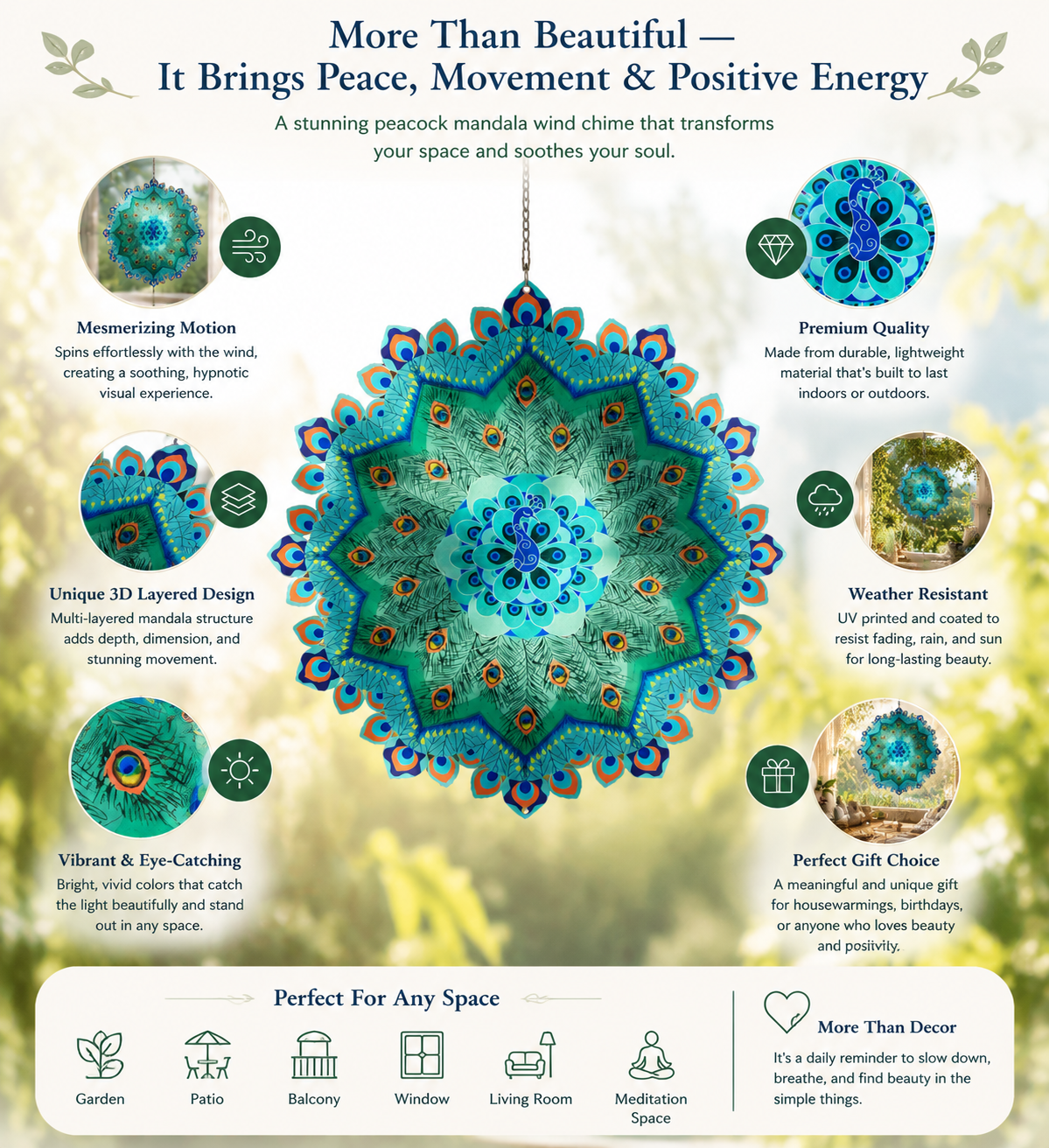 🌿 Mandala Rotating Peacock Wind Chime