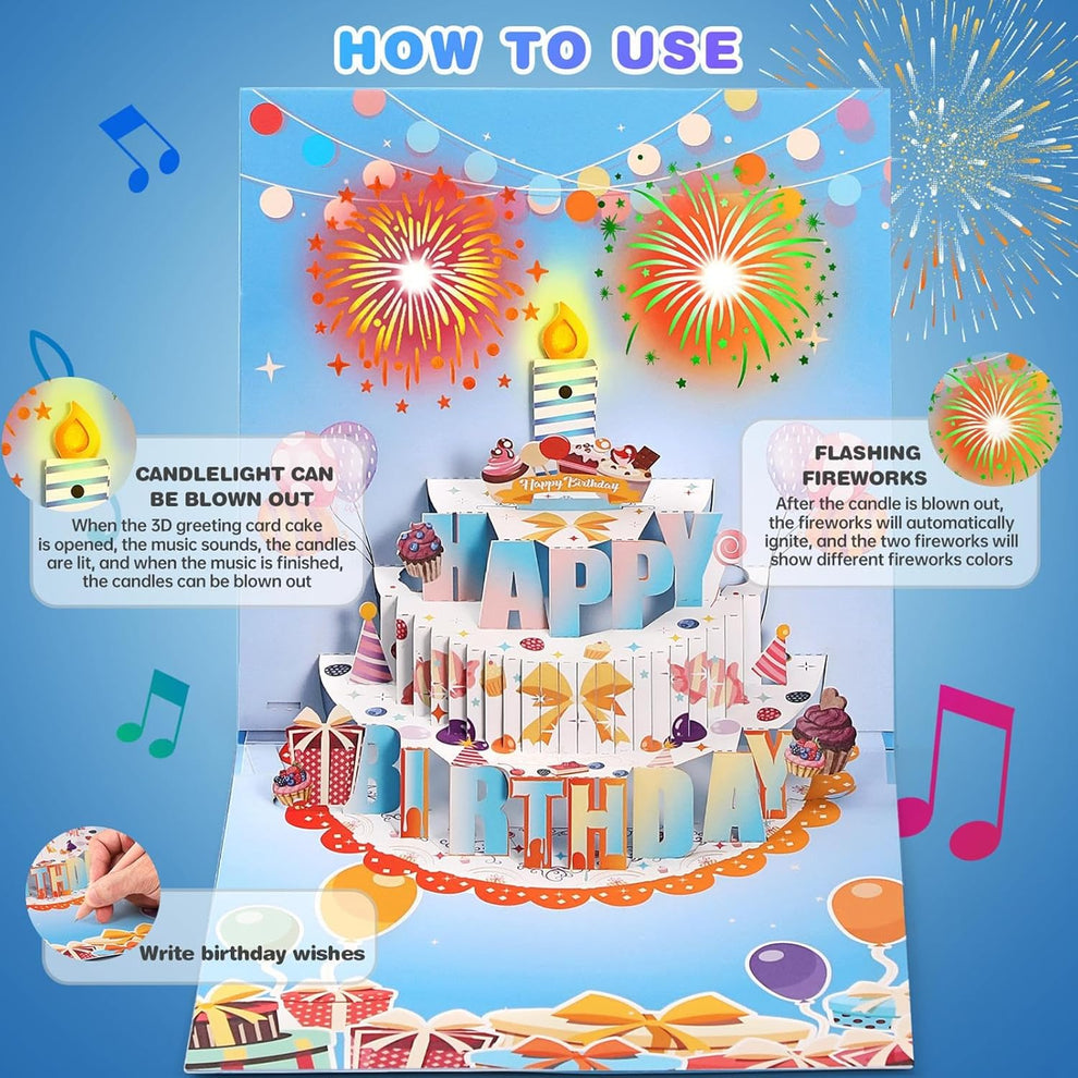 🎁Last Day Special 49% OFF-Fireworks Pop Up Cake Light and Music Happy Birthday Card Gift