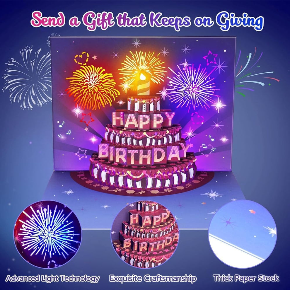 🎁Last Day Special 49% OFF-Fireworks Pop Up Cake Light and Music Happy Birthday Card Gift