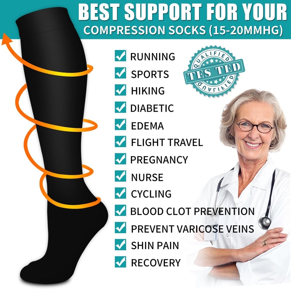 🧦6 Pairs 15-20mmHg Graduated Support Knee High Socks