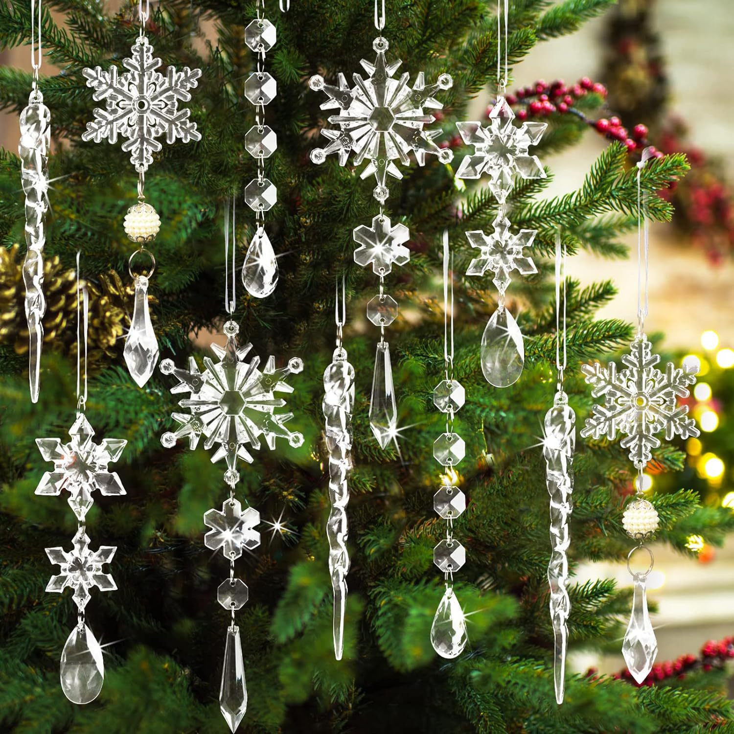 Set of 18 pcs Hanging Acrylic Snowflake Icicle Ornaments with Drop Pendants