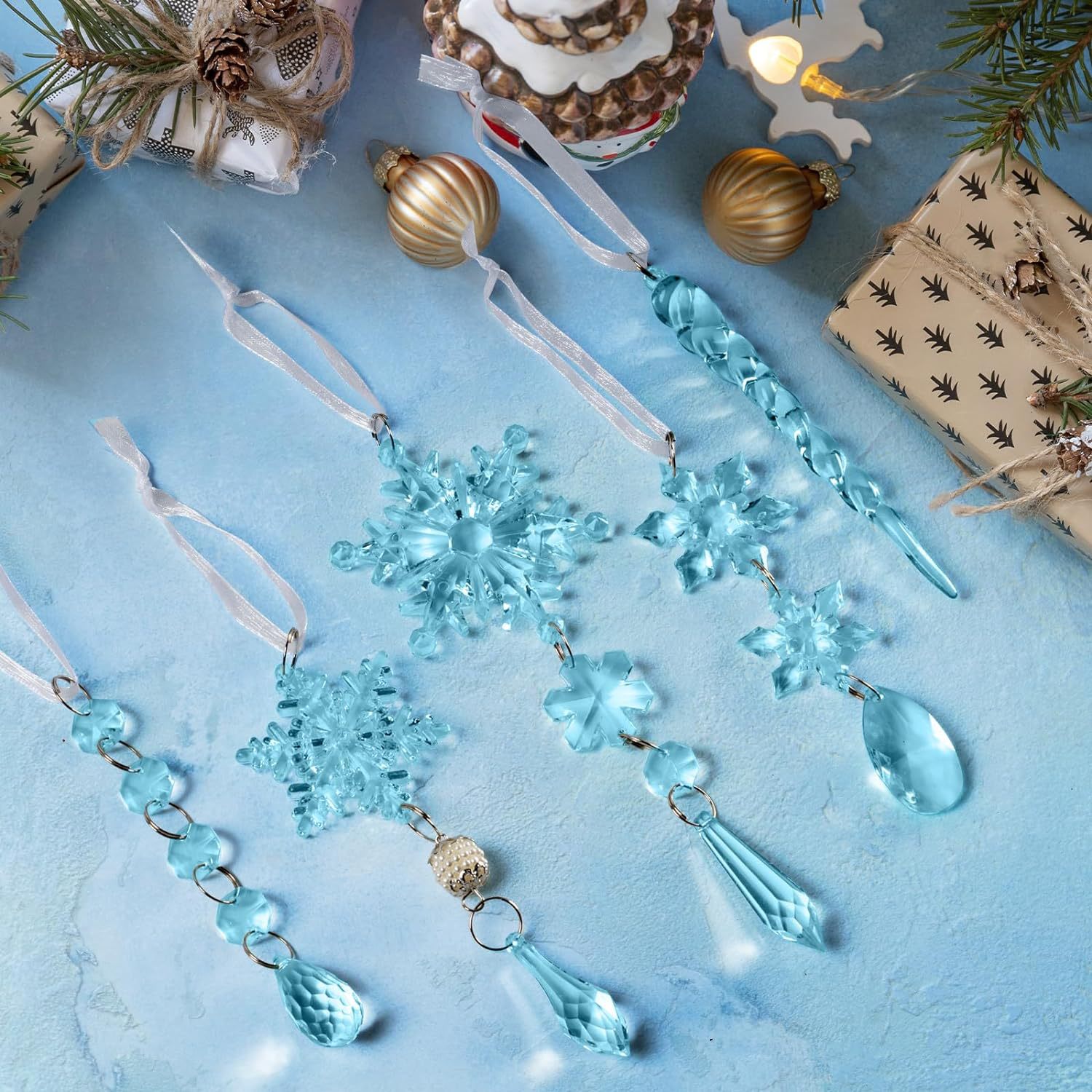 Set of 18 pcs Hanging Acrylic Snowflake Icicle Ornaments with Drop Pendants