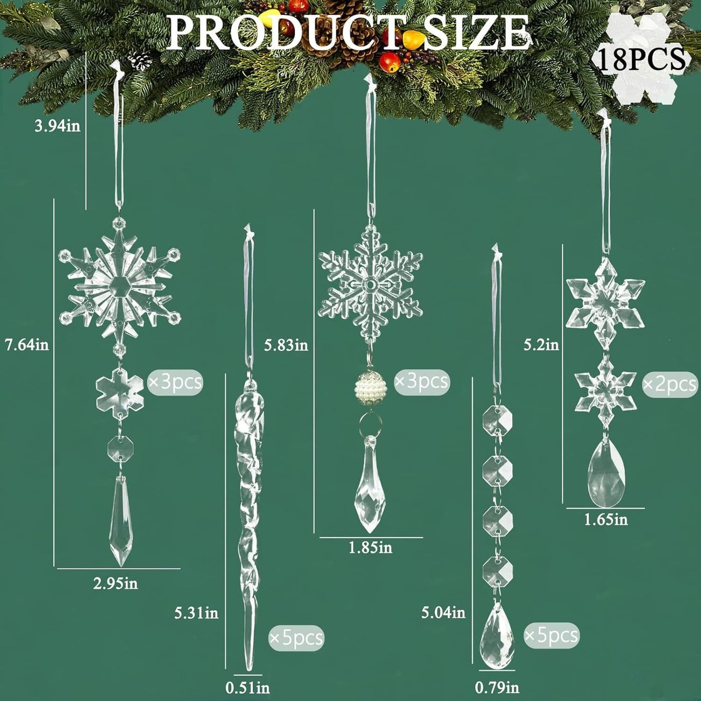 Set of 18 pcs Hanging Acrylic Snowflake Icicle Ornaments with Drop Pendants