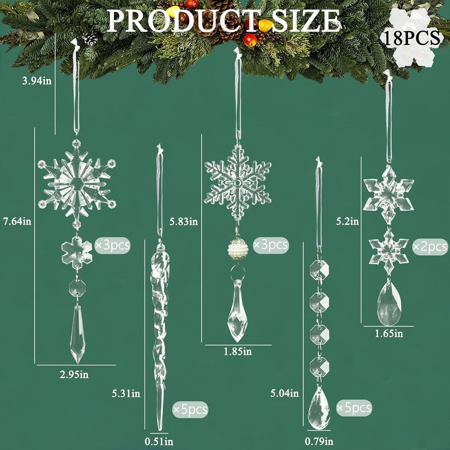 Set of 18 pcs Hanging Acrylic Snowflake Icicle Ornaments with Drop Pendants