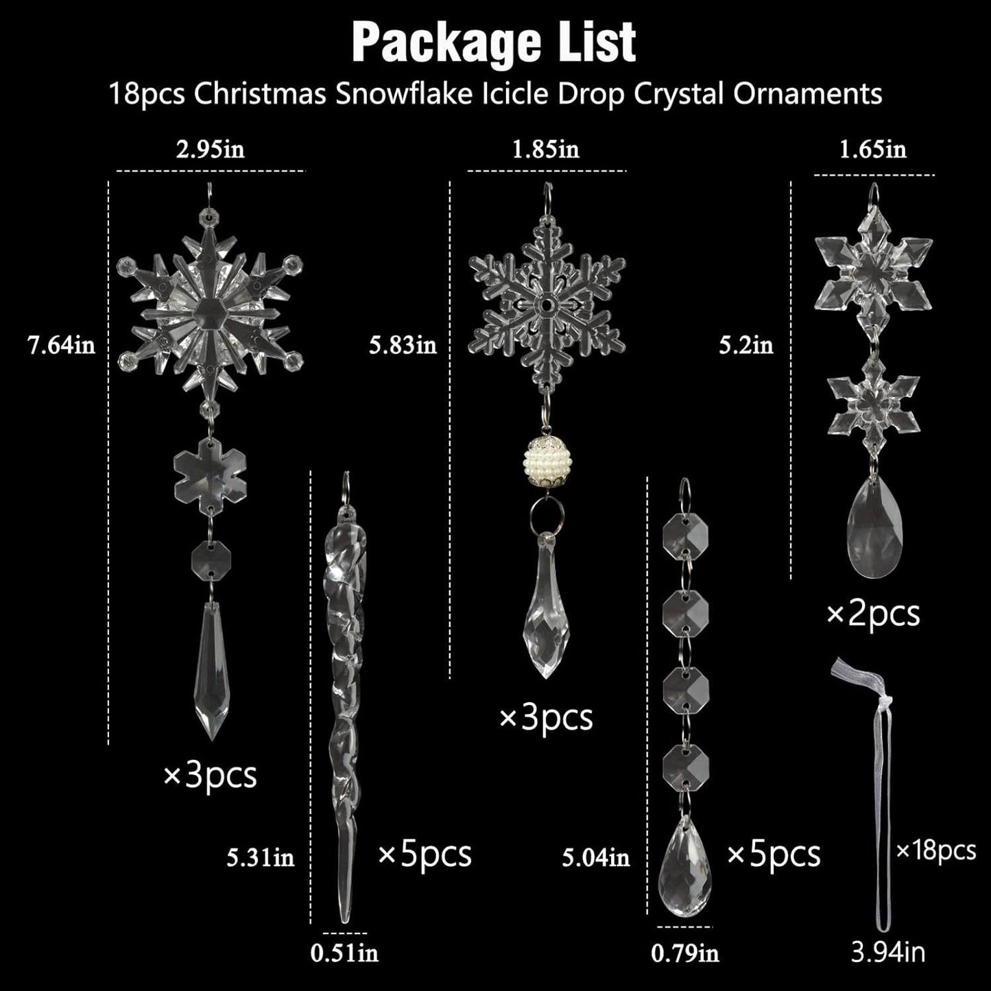 Set of 18 pcs Hanging Acrylic Snowflake Icicle Ornaments with Drop Pendants