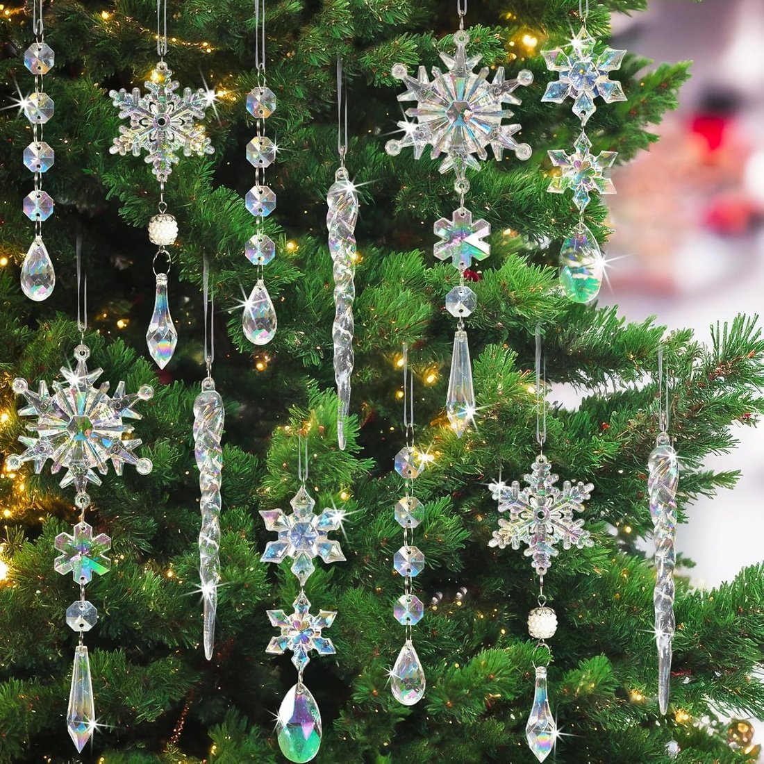 Set of 18 pcs Hanging Acrylic Snowflake Icicle Ornaments with Drop Pendants