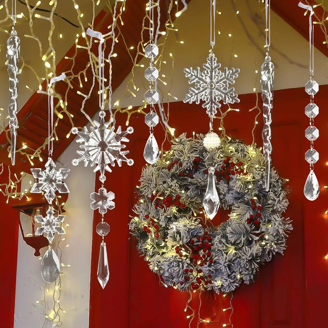 Set of 18 pcs Hanging Acrylic Snowflake Icicle Ornaments with Drop Pendants