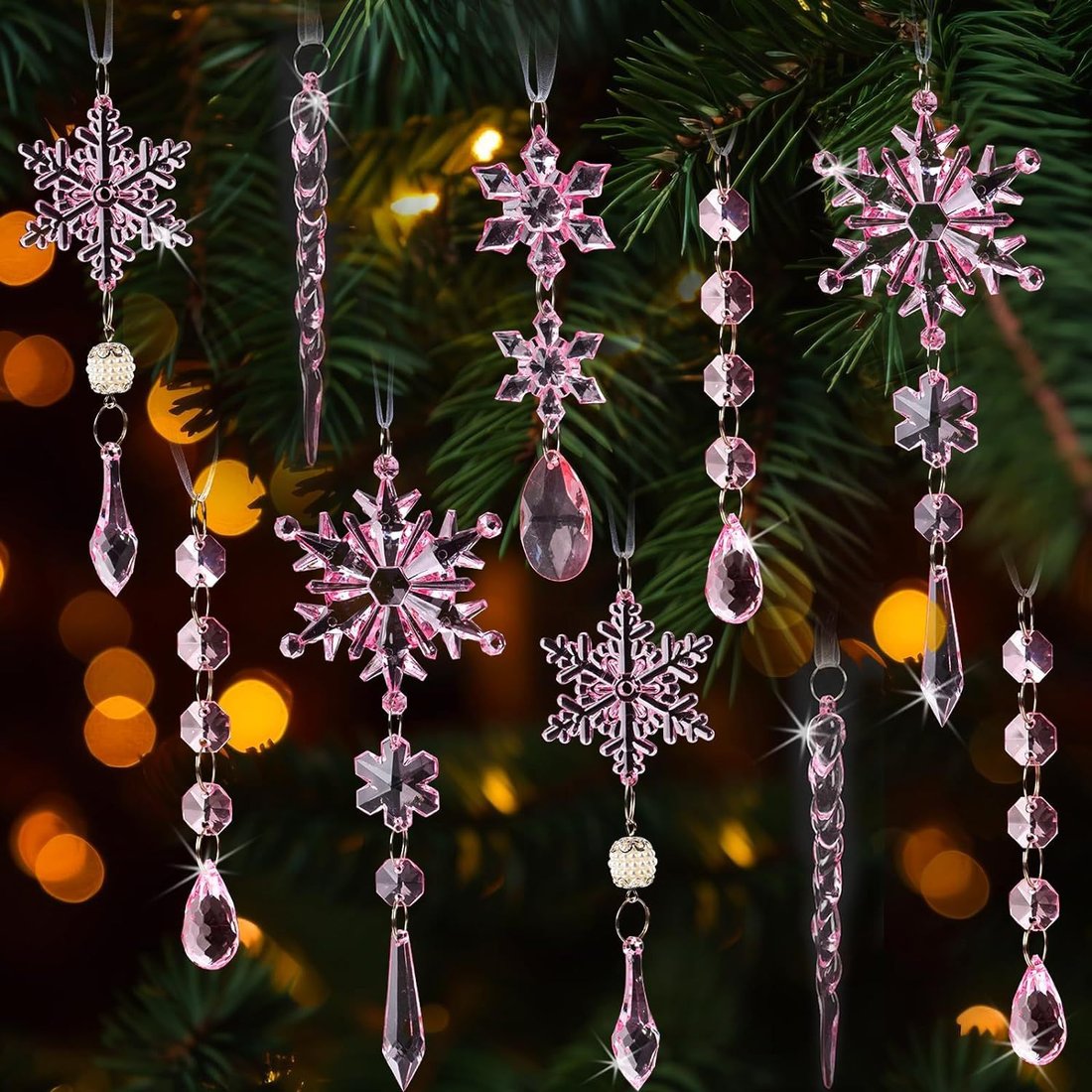 Set of 18 pcs Hanging Acrylic Snowflake Icicle Ornaments with Drop Pendants