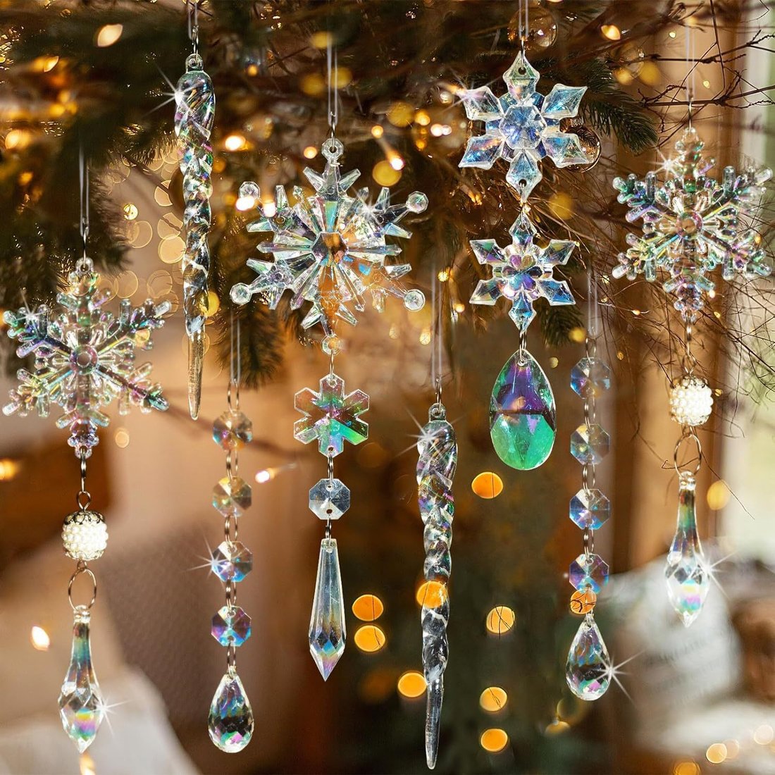 Set of 18 pcs Hanging Acrylic Snowflake Icicle Ornaments with Drop Pendants