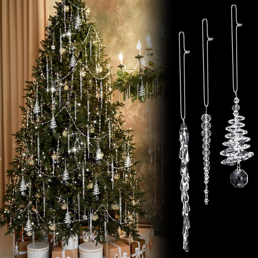 24 Pcs Crystal Icicle Christmas Tree Ornaments(3 Styles Christmas Icicles)