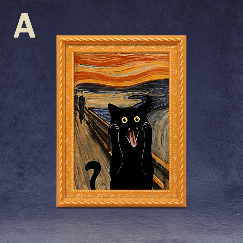 Black Cat Oil Painting Wooden Fridge Magnet Frame