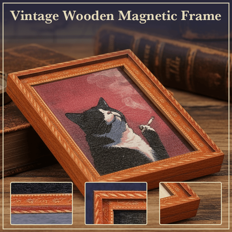Black Cat Oil Painting Wooden Fridge Magnet Frame