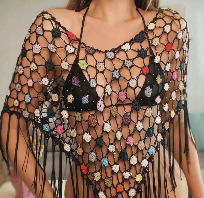🌈Handmade Crochet Daisy Cape: Colorful Floral Festival Shawl / Poncho