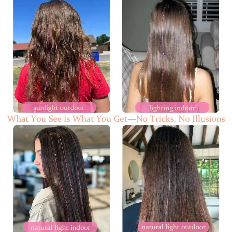 （4PCS/Set）Sparkling Fairy Hair Tinsel Extensions 🌈 Heat-Resistant Glitter Strands for Women ✨