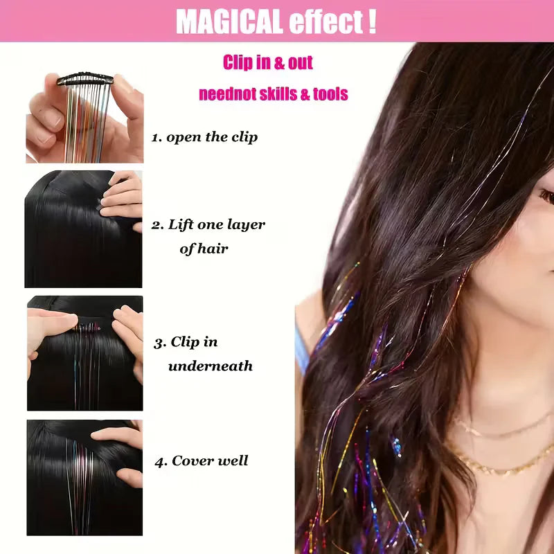 （4PCS/Set）Sparkling Fairy Hair Tinsel Extensions 🌈 Heat-Resistant Glitter Strands for Women ✨