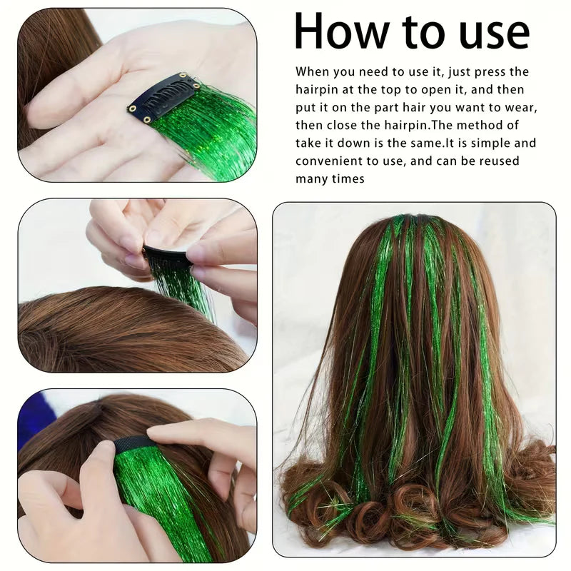 （4PCS/Set）Sparkling Fairy Hair Tinsel Extensions 🌈 Heat-Resistant Glitter Strands for Women ✨