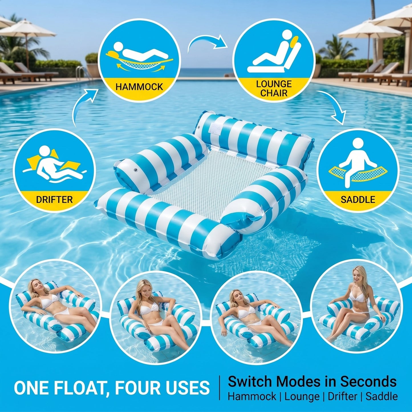🌞Summer must-have🔥4-in-1 Inflatable Water Hammock – Pool Floating Lounge Chair & Swimming Bed