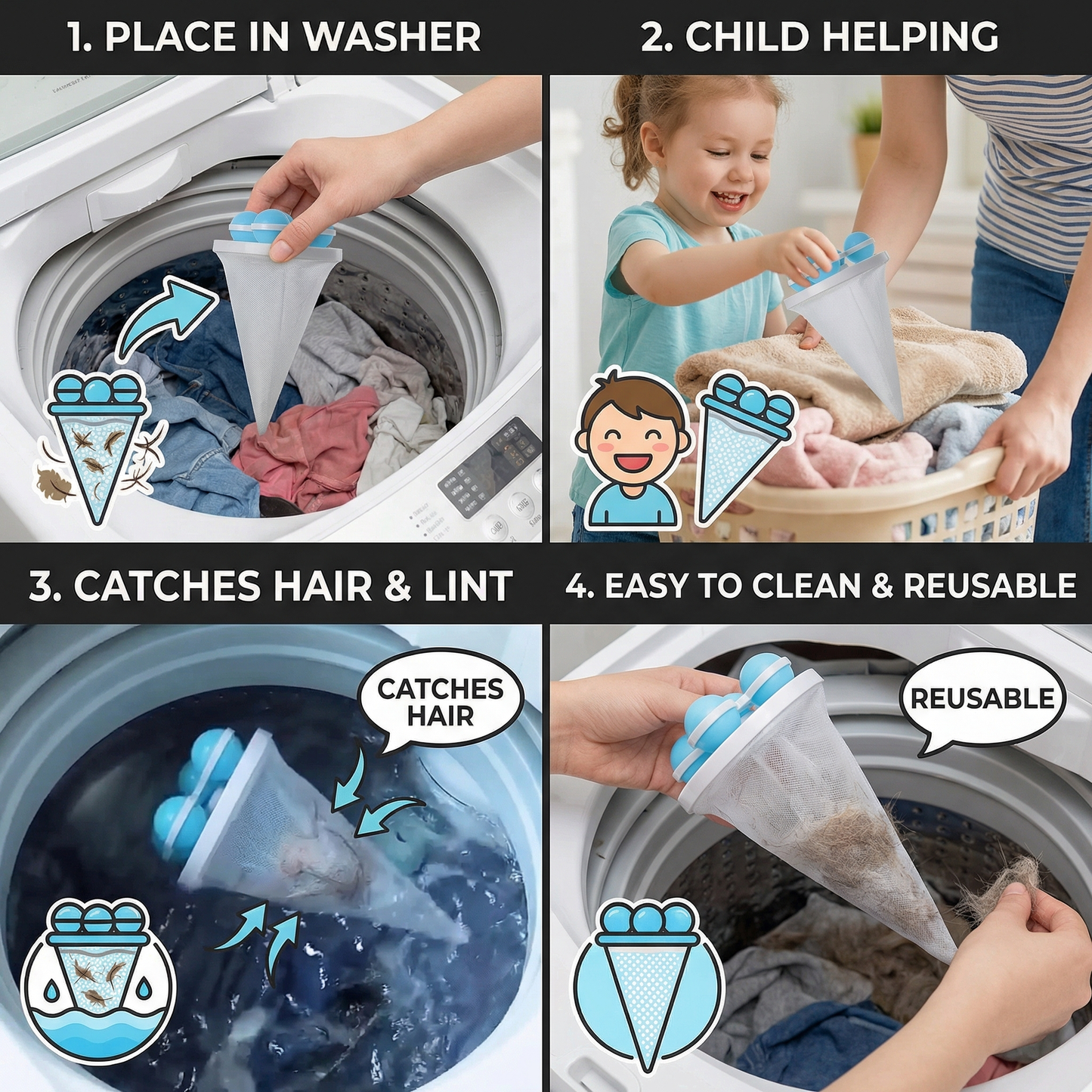 Upgraded Washing Machine Filter Bag- Hair Removal Cleaning Floating Laundry Ball