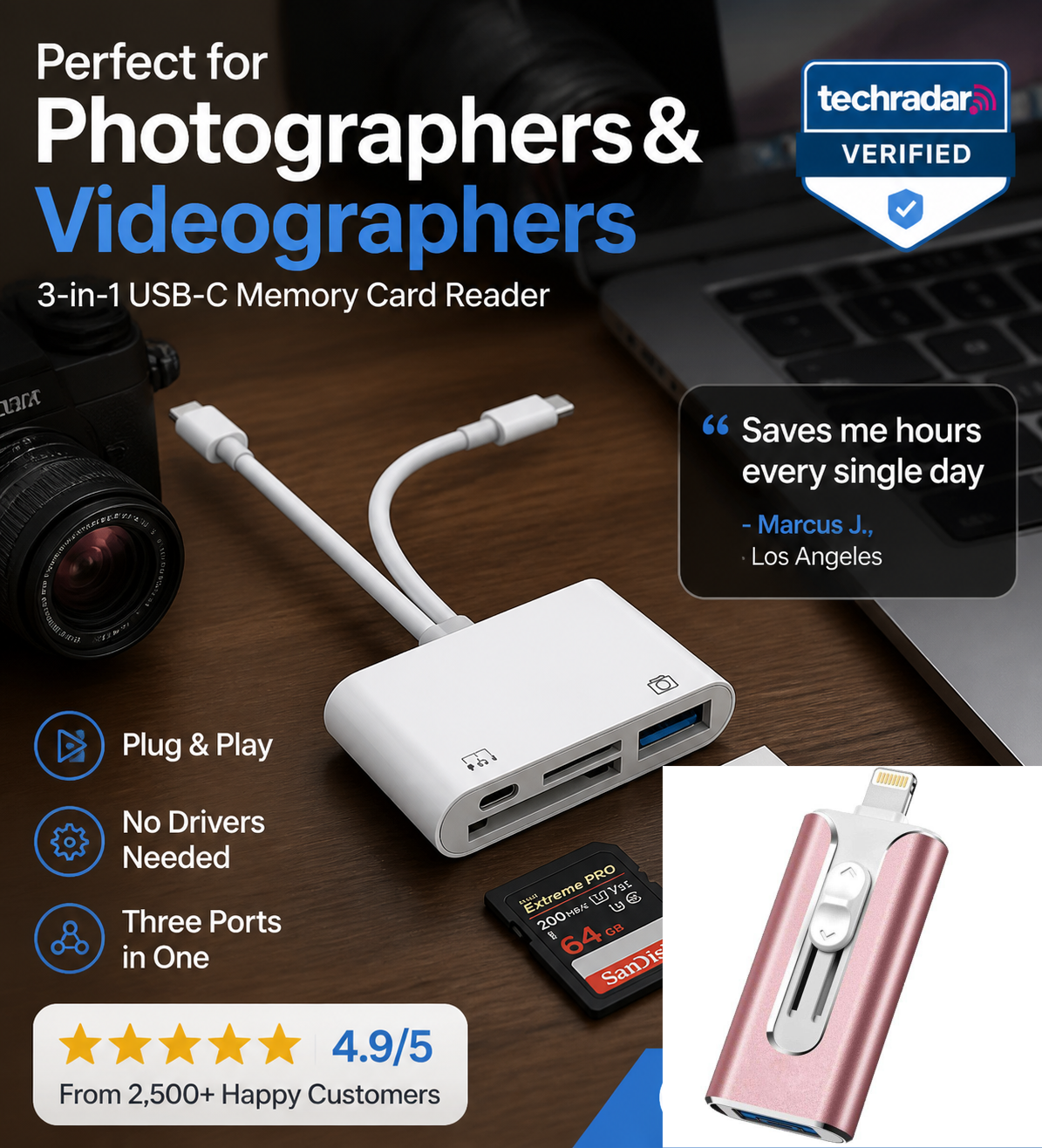 📱3-in-1 USB-C Memory Card Reader-for phone, laptop & Android Devices