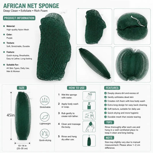 🔥BUY 1 FREE 1🧼✨African Exfoliating Body Net Sponge | Deep Clean, Smooth Skin & Fast-Drying Comfort