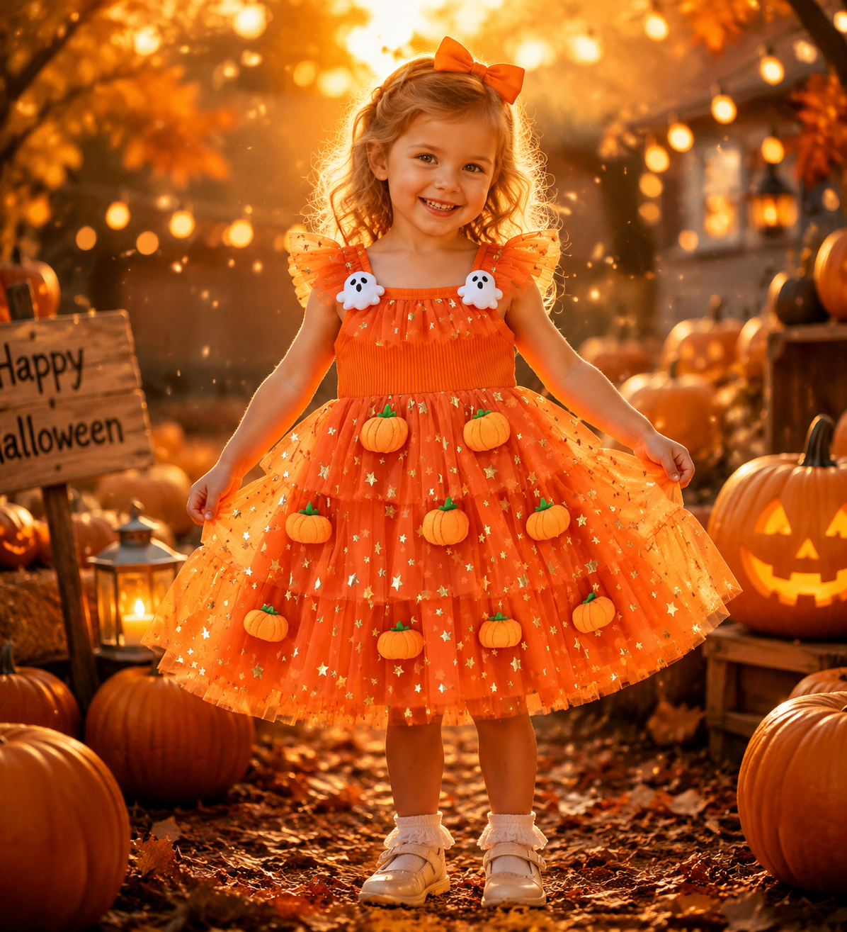 🎃 Pumpkin Ghost Tulle Dress — Halloween Magic for Little Girls