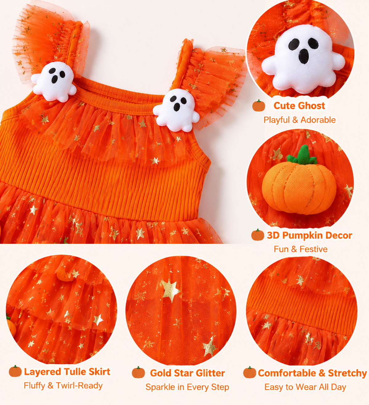 🎃 Pumpkin Ghost Tulle Dress — Halloween Magic for Little Girls