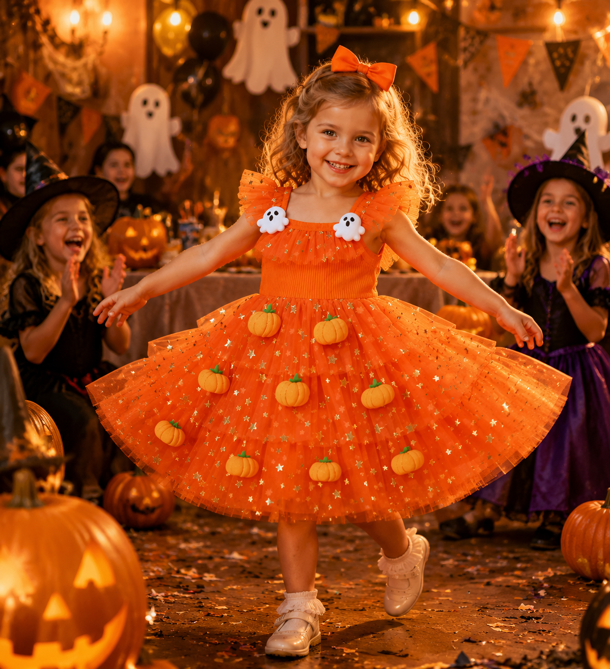 🎃 Pumpkin Ghost Tulle Dress — Halloween Magic for Little Girls