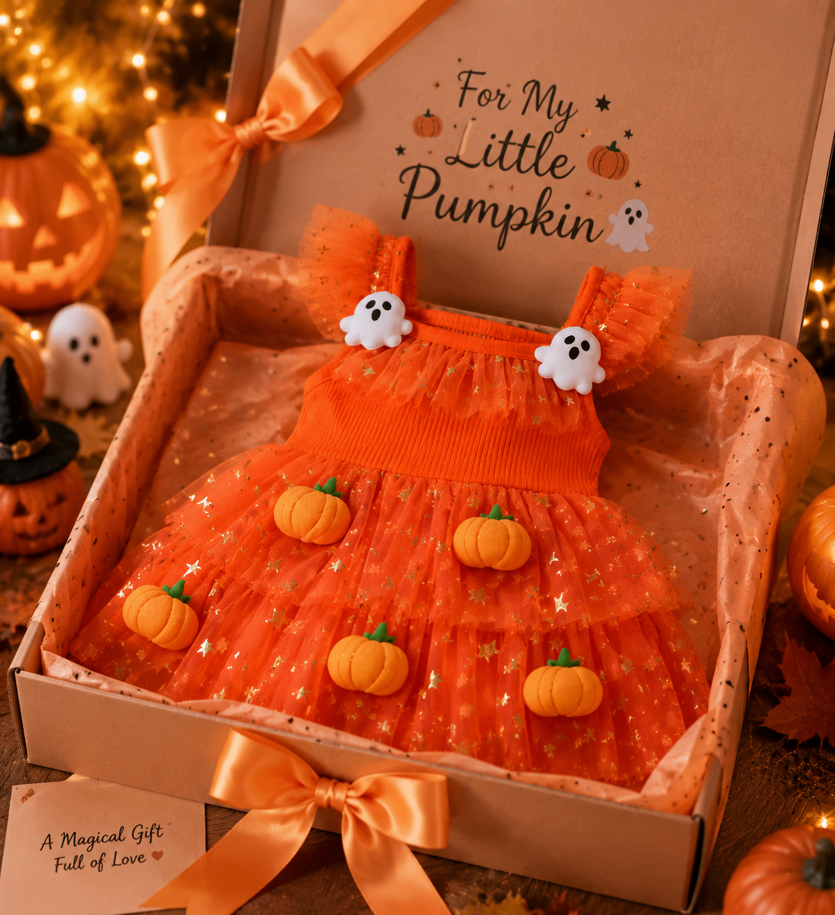 🎃 Pumpkin Ghost Tulle Dress — Halloween Magic for Little Girls
