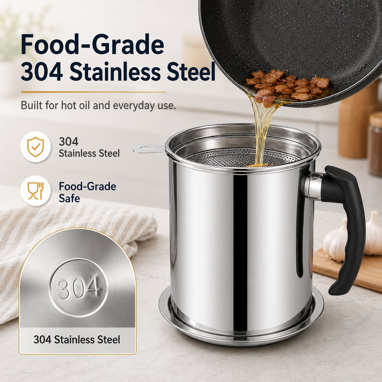 🍳 Premium 304 Stainless Steel Oil Strainer & Storage Jug