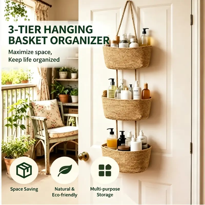 🧺 3-Tier Woven Hanging Wall & Door Basket Organizer