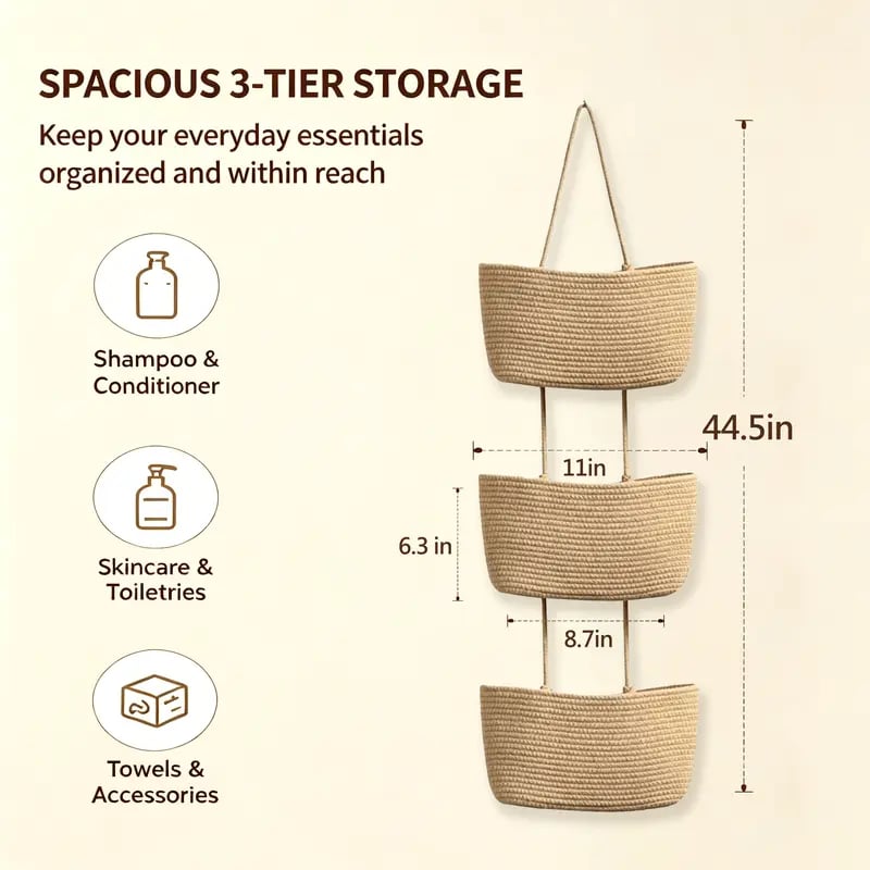 🧺 3-Tier Woven Hanging Wall & Door Basket Organizer