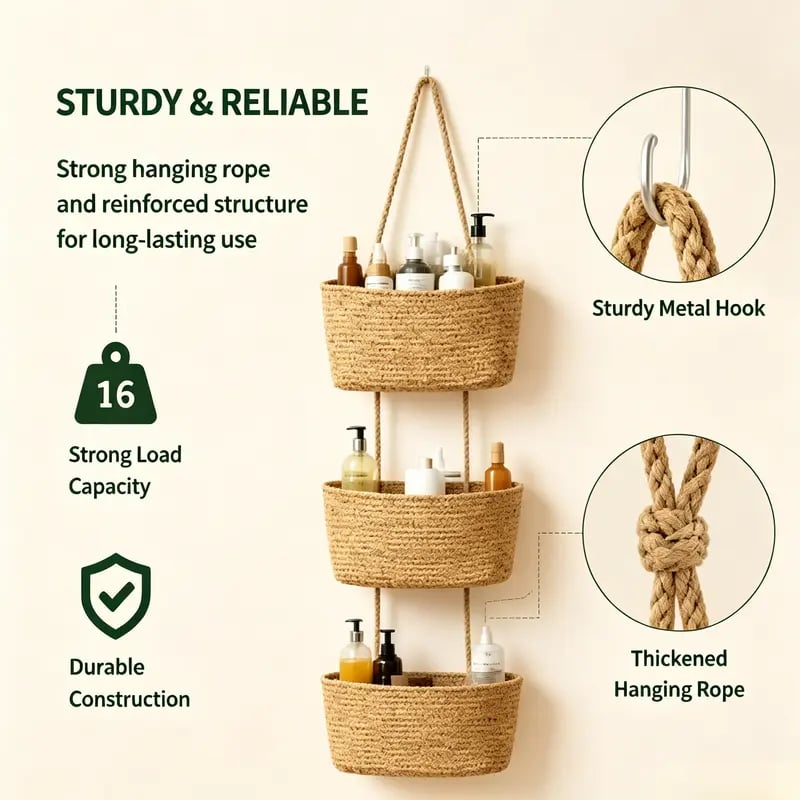 🧺 3-Tier Woven Hanging Wall & Door Basket Organizer