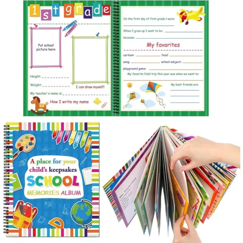 📚School Memory Book Photo Album for Kids,14 Pockets, 34 Pages, 13 Years
