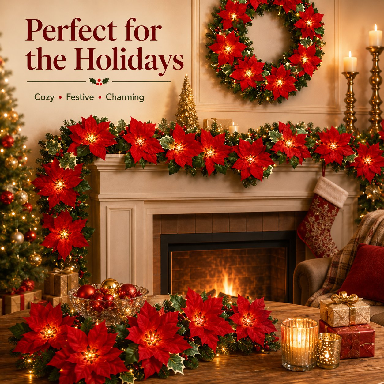 🎁 50% OFF Christmas Gift Decor – Poinsettia LED Garland String Lights