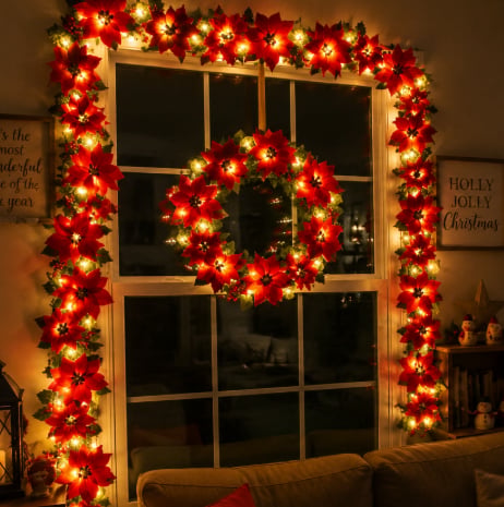 🎁 50% OFF Christmas Gift Decor – Poinsettia LED Garland String Lights