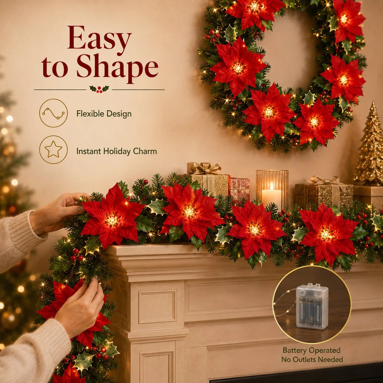 🎁 50% OFF Christmas Gift Decor – Poinsettia LED Garland String Lights