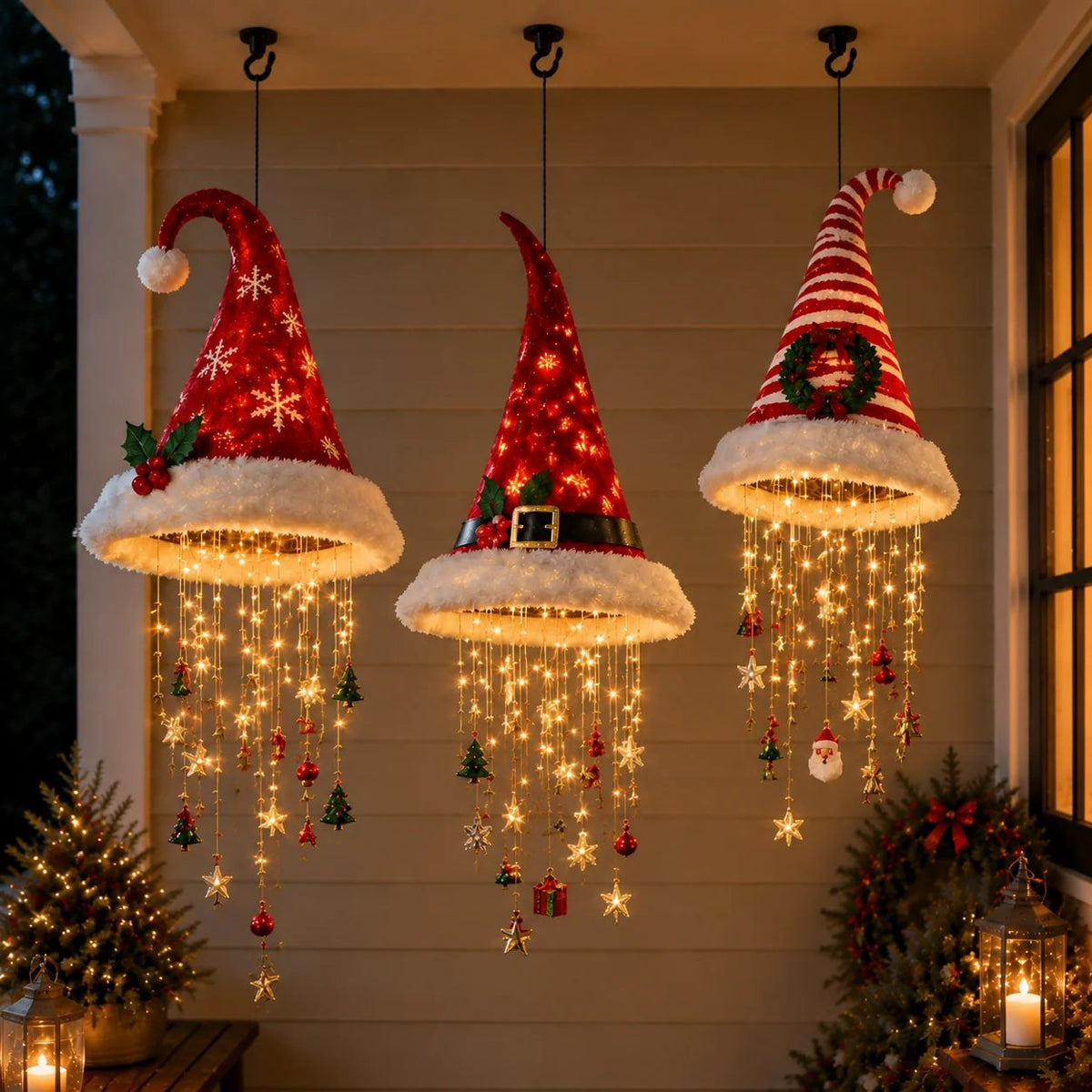 🎅 Light-Up Santa Hat Chandelier 🎄 | 3 Different Designs, Warm LED String Lights | Christmas Decor for Indoors and Outdoors, Gift Idea