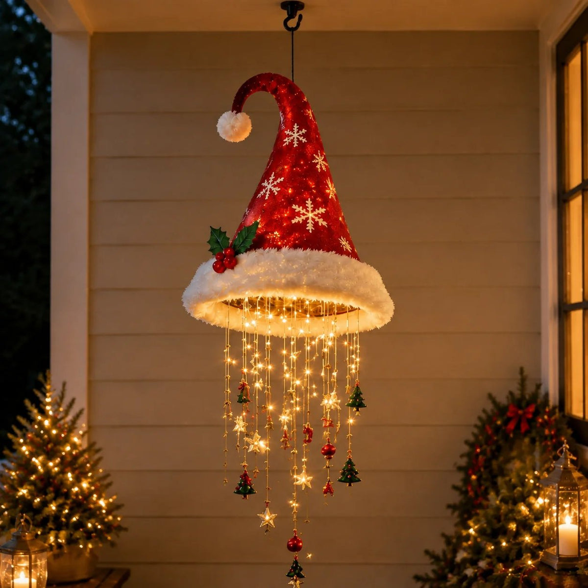 🎅 Light-Up Santa Hat Chandelier 🎄 | 3 Different Designs, Warm LED String Lights | Christmas Decor for Indoors and Outdoors, Gift Idea