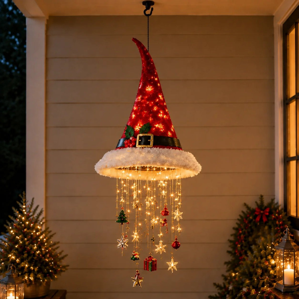 🎅 Light-Up Santa Hat Chandelier 🎄 | 3 Different Designs, Warm LED String Lights | Christmas Decor for Indoors and Outdoors, Gift Idea