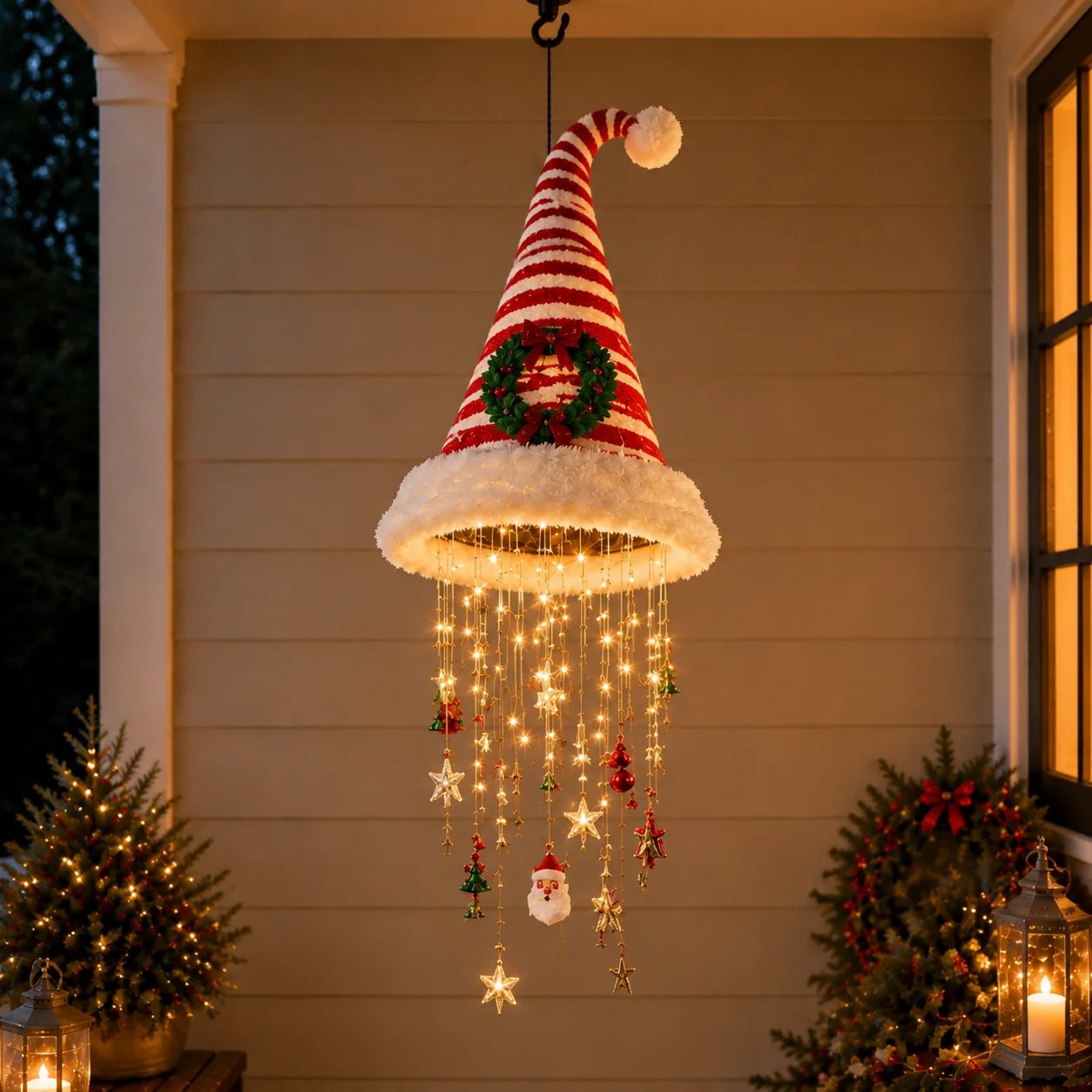 🎅 Light-Up Santa Hat Chandelier 🎄 | 3 Different Designs, Warm LED String Lights | Christmas Decor for Indoors and Outdoors, Gift Idea