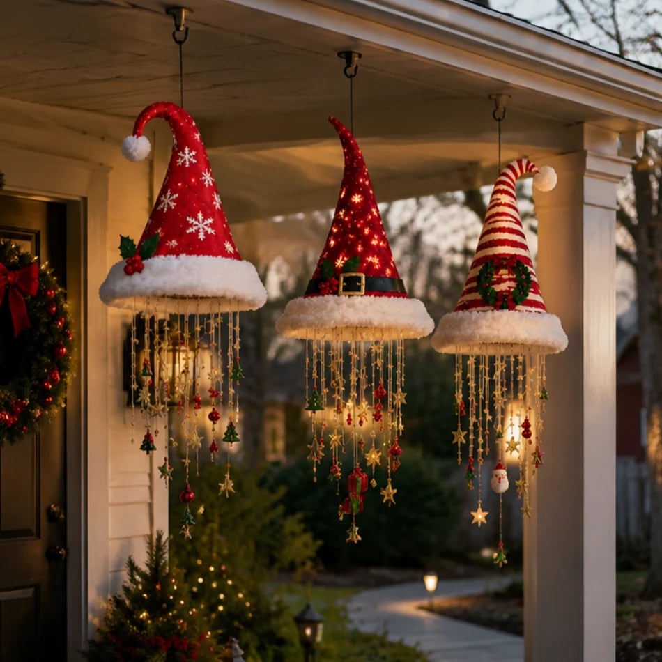 🎅 Light-Up Santa Hat Chandelier 🎄 | 3 Different Designs, Warm LED String Lights | Christmas Decor for Indoors and Outdoors, Gift Idea