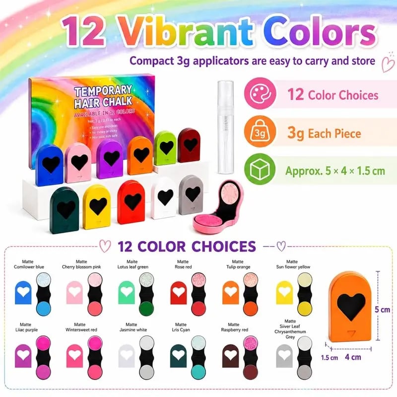 🎉12 Colors Temporary Hair Chalk Set – Washable Instant Hair Dye for Parties, Cosplay & Festivals🌈