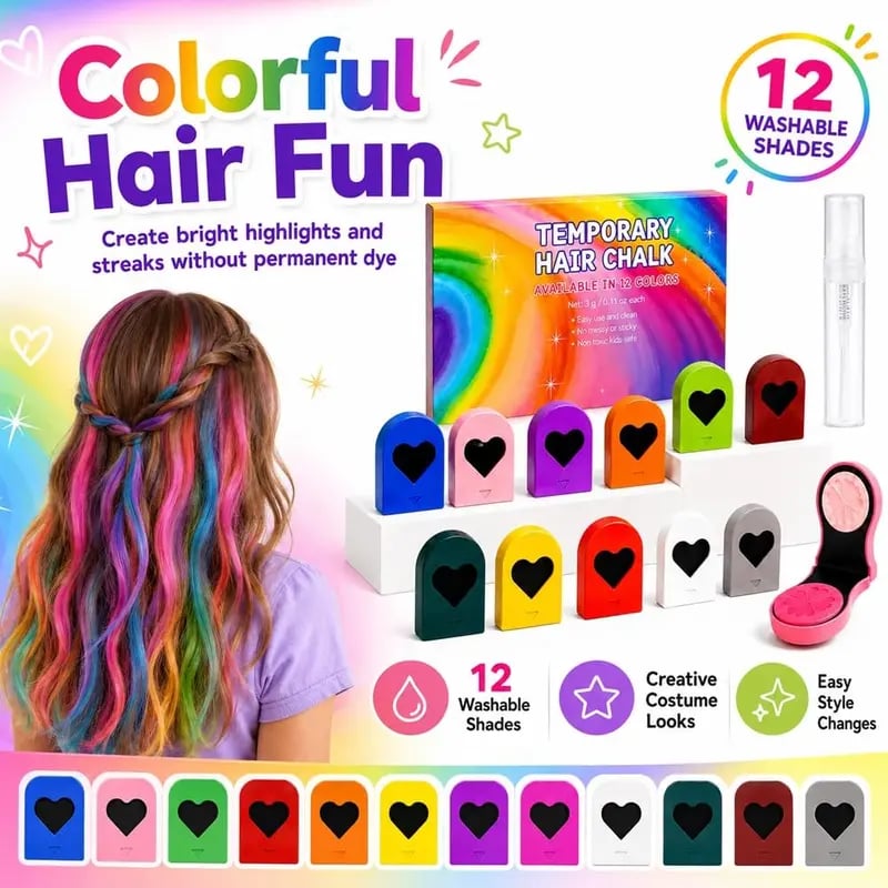 🎉12 Colors Temporary Hair Chalk Set – Washable Instant Hair Dye for Parties, Cosplay & Festivals🌈
