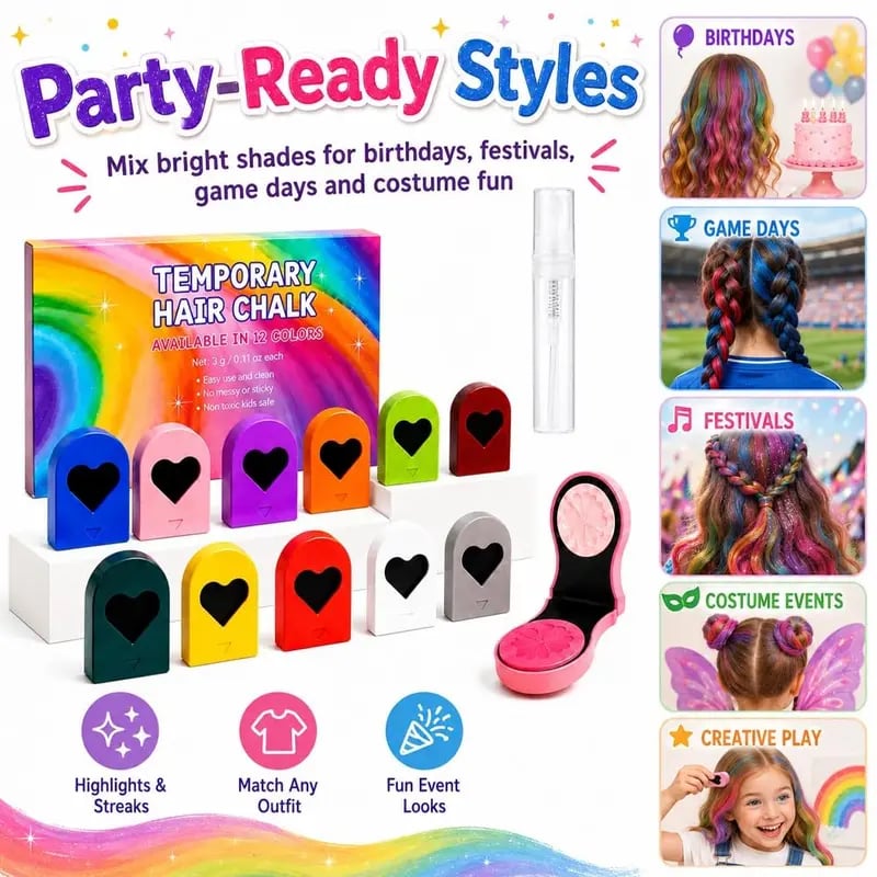 🎉12 Colors Temporary Hair Chalk Set – Washable Instant Hair Dye for Parties, Cosplay & Festivals🌈