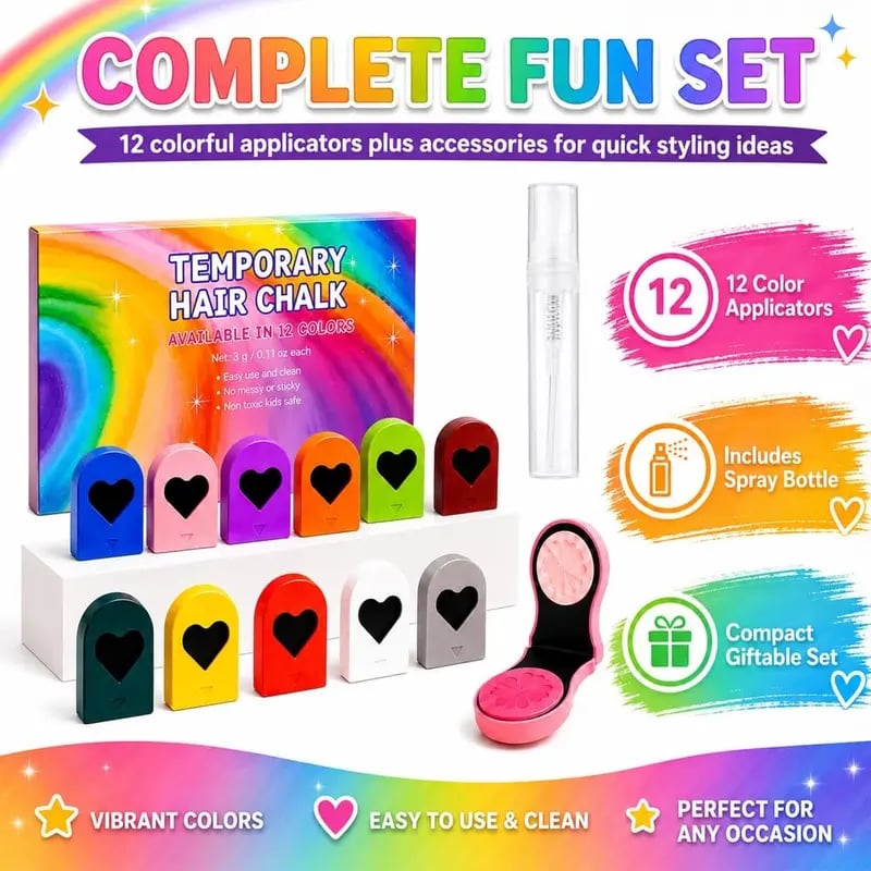 🎉12 Colors Temporary Hair Chalk Set – Washable Instant Hair Dye for Parties, Cosplay & Festivals🌈
