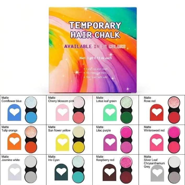 🎉12 Colors Temporary Hair Chalk Set – Washable Instant Hair Dye for Parties, Cosplay & Festivals🌈