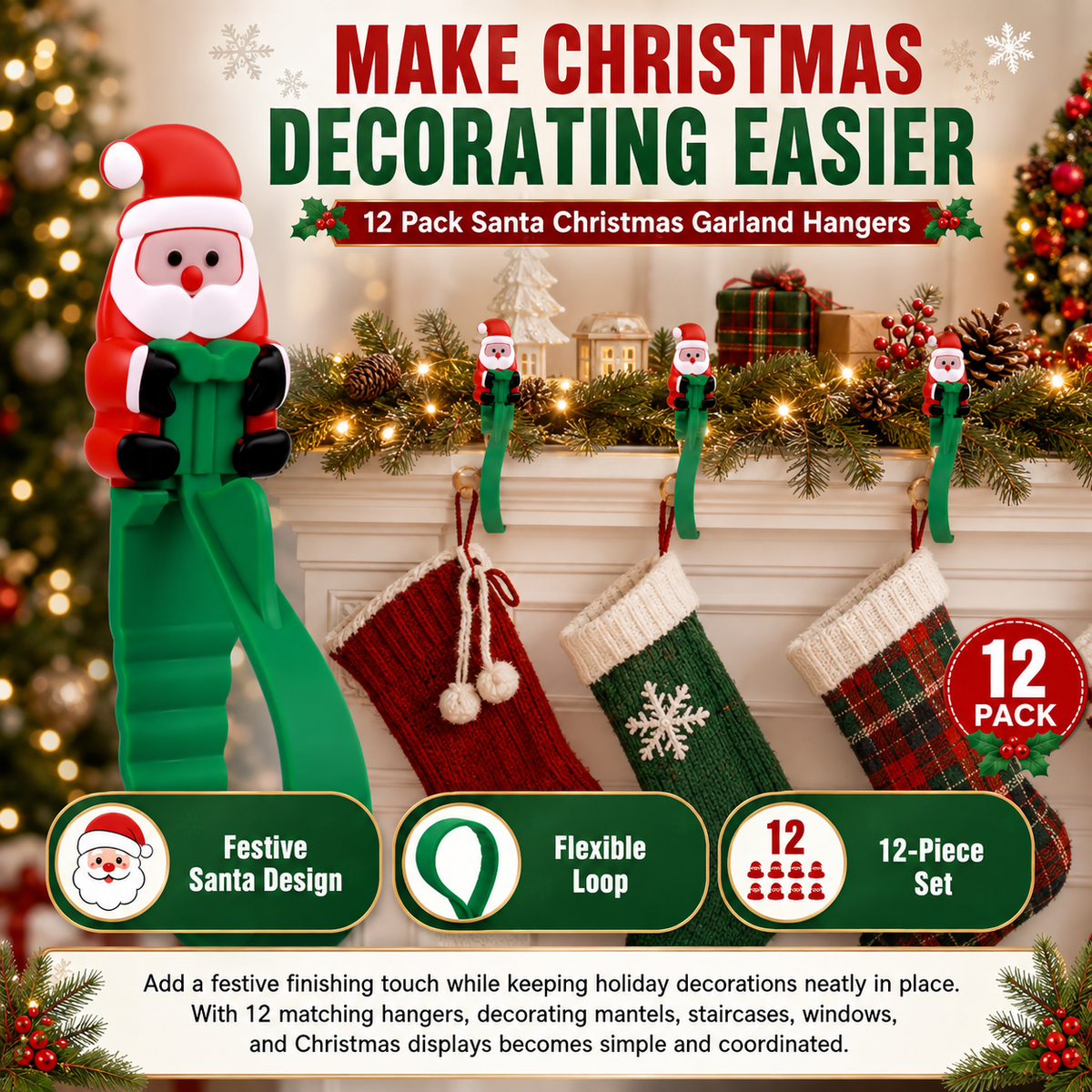 🎄🎅 Santa Claus Adhesive Hooks (12-Pack) — no drills, no nails, just peel, stick, and hang