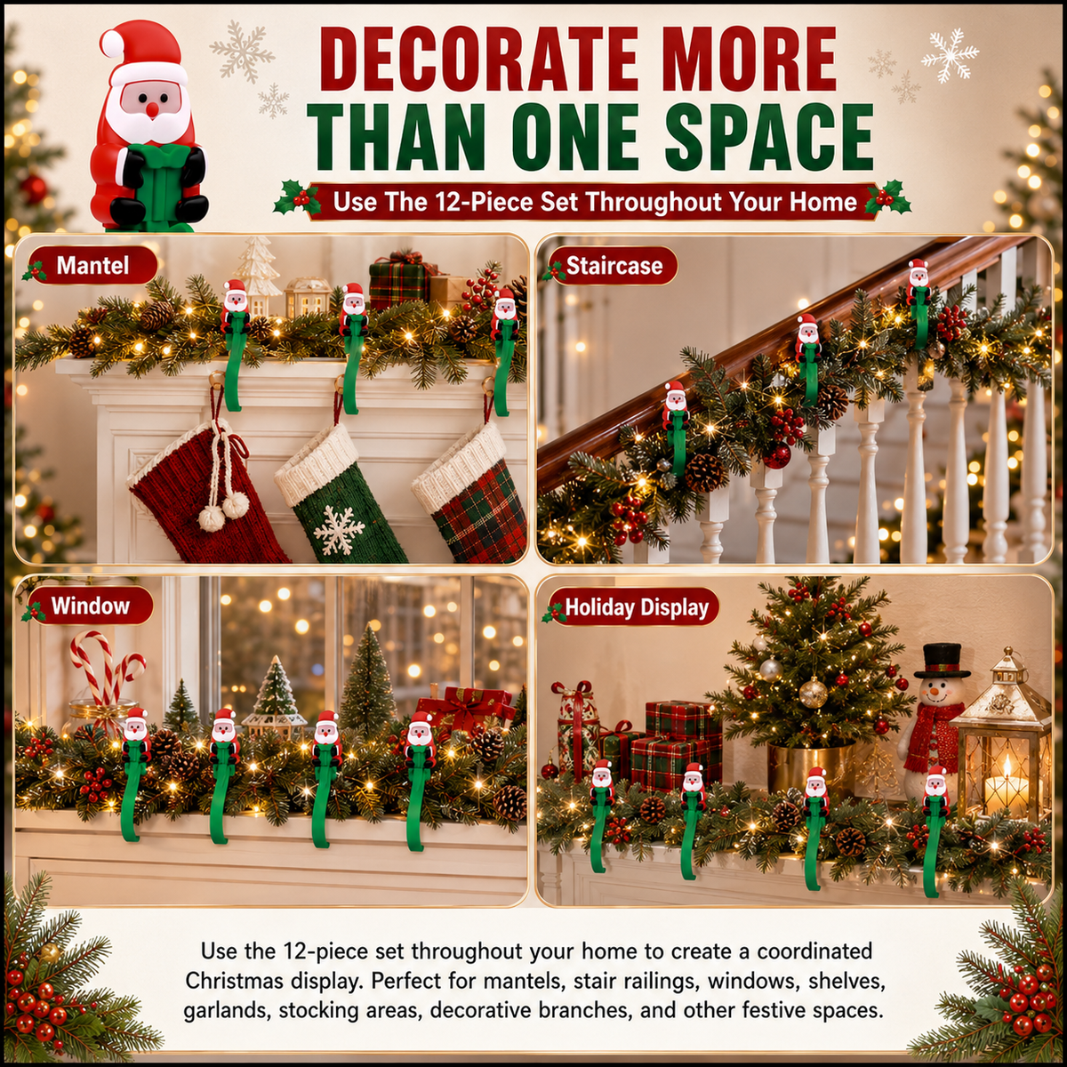 🎄🎅 Santa Claus Adhesive Hooks (12-Pack) — no drills, no nails, just peel, stick, and hang