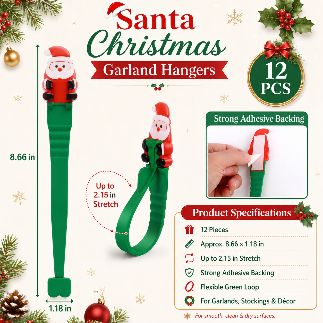 🎄🎅 Santa Claus Adhesive Hooks (12-Pack) — no drills, no nails, just peel, stick, and hang